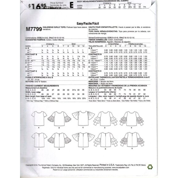 McCall's M7799 Girls 7 to 14 Tops with Sleeve Variations Uncut Sewing Pattern - Picture 2 of 2